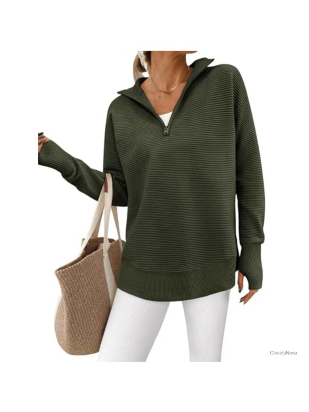Quarter Zip Ribbed Knit Pullover Sweater Long Sleeve V-Neck Thumb Hole Loose Fit